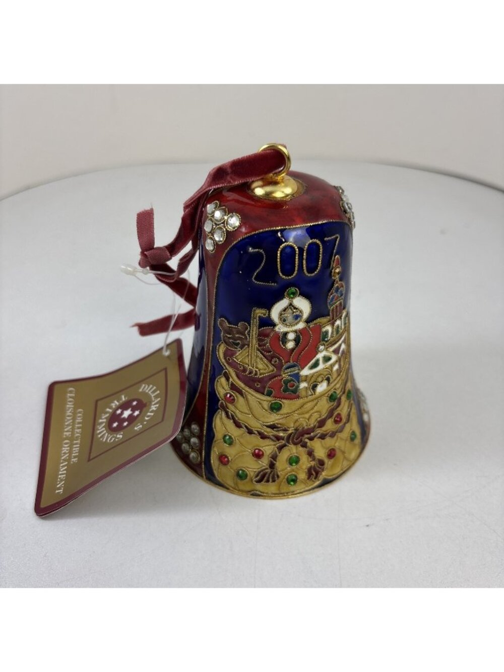 Dillard’s Trimmings Cloisonné Bell 2007 Christmas Ornament Santa Claus Toy Bag